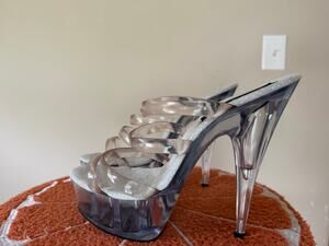 Dallas Heights Mooi Strip heels clear straps dancer xtra hi size 8 US